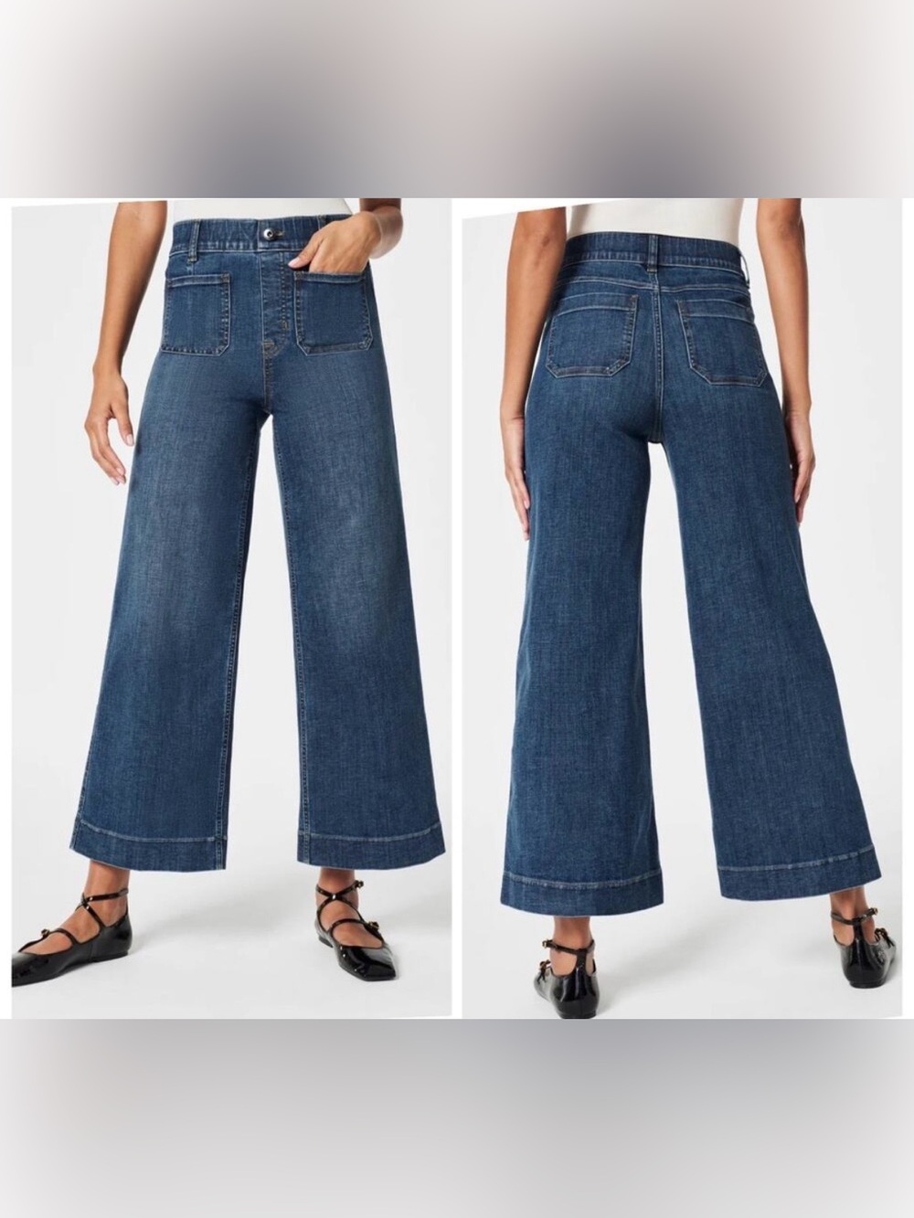Spanx Cropped Wide Leg Jeans Patch Pockets Pull On Slimming 20621R Size 1X